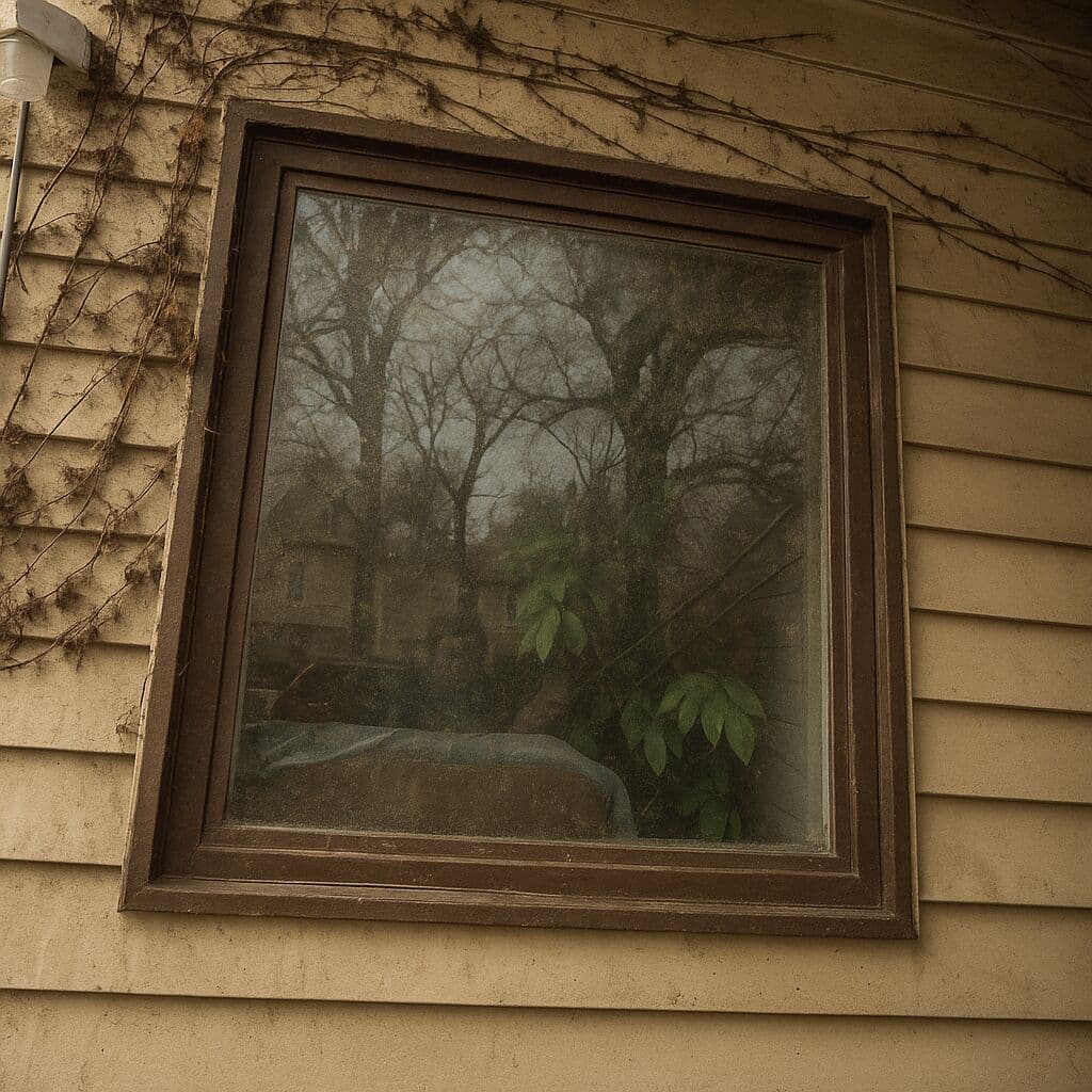 Dirty exterior window before cleaning, with grime on the glass and frame