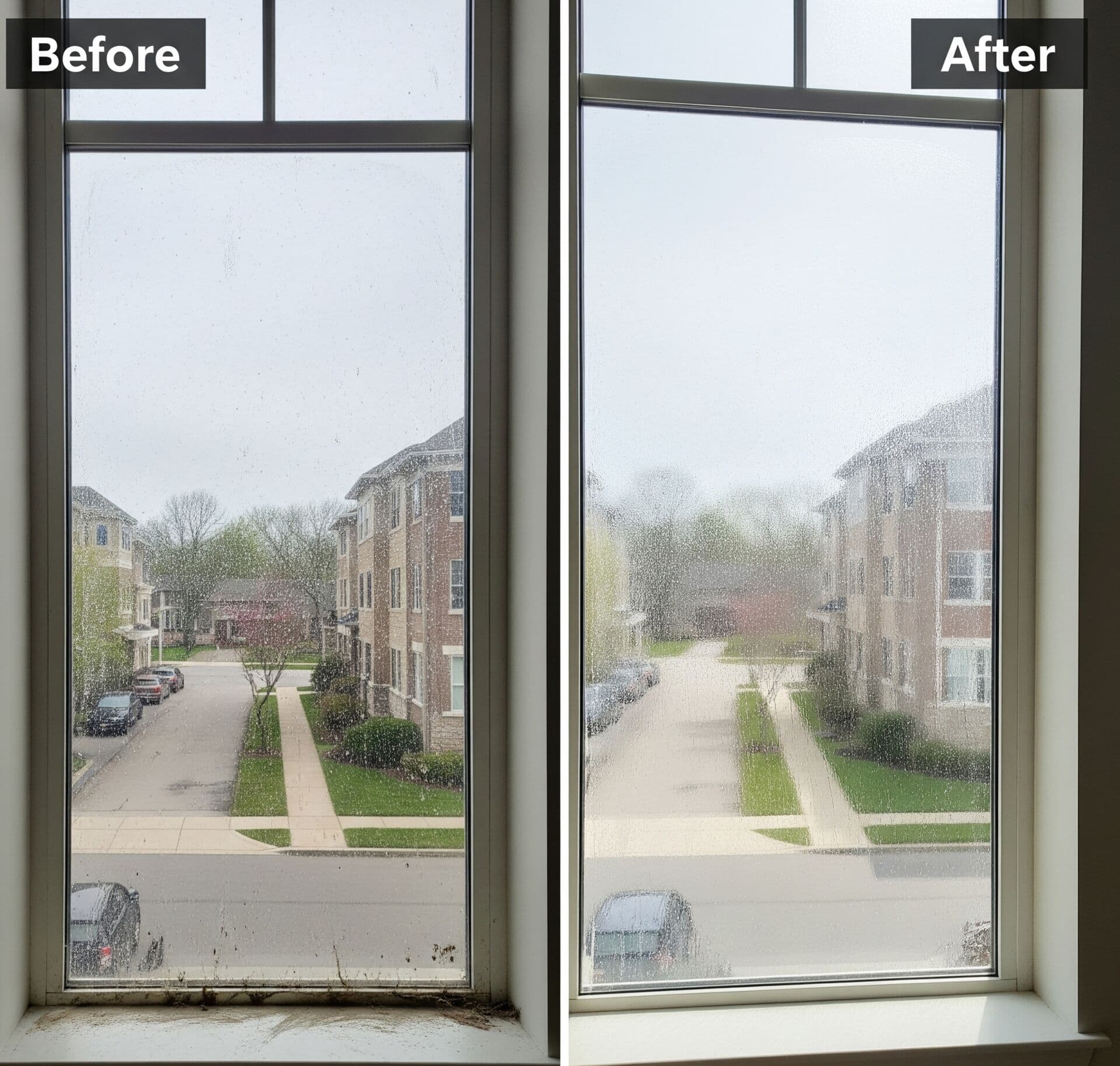 Before and after window cleaning on a St. Paul home: dirt and debris cleared from the glass, frame, and sill