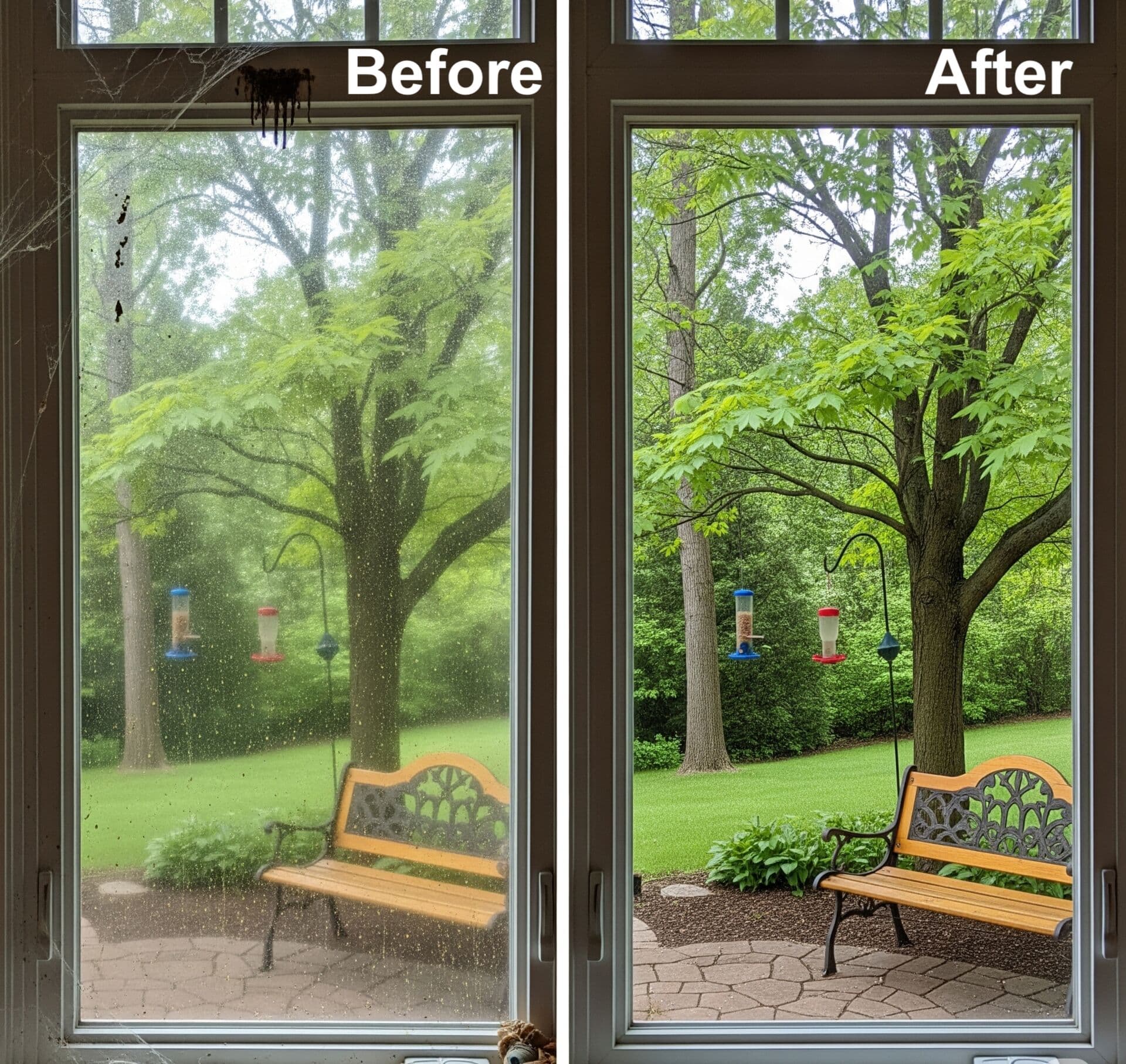 Before and after window cleaning in St. Paul, with winter grime washed off the exterior pane