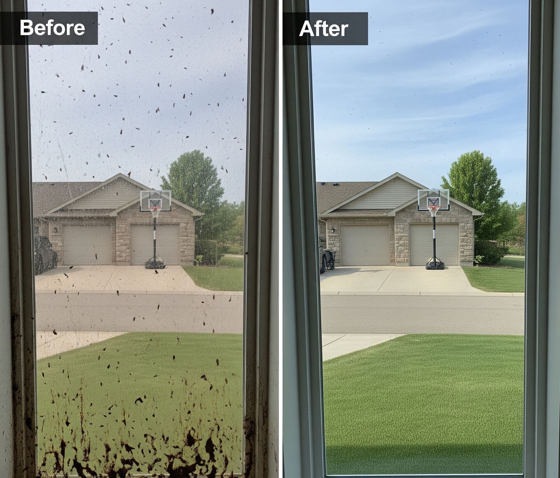 Before and after window cleaning on a St. Paul window, showing the view through clean glass