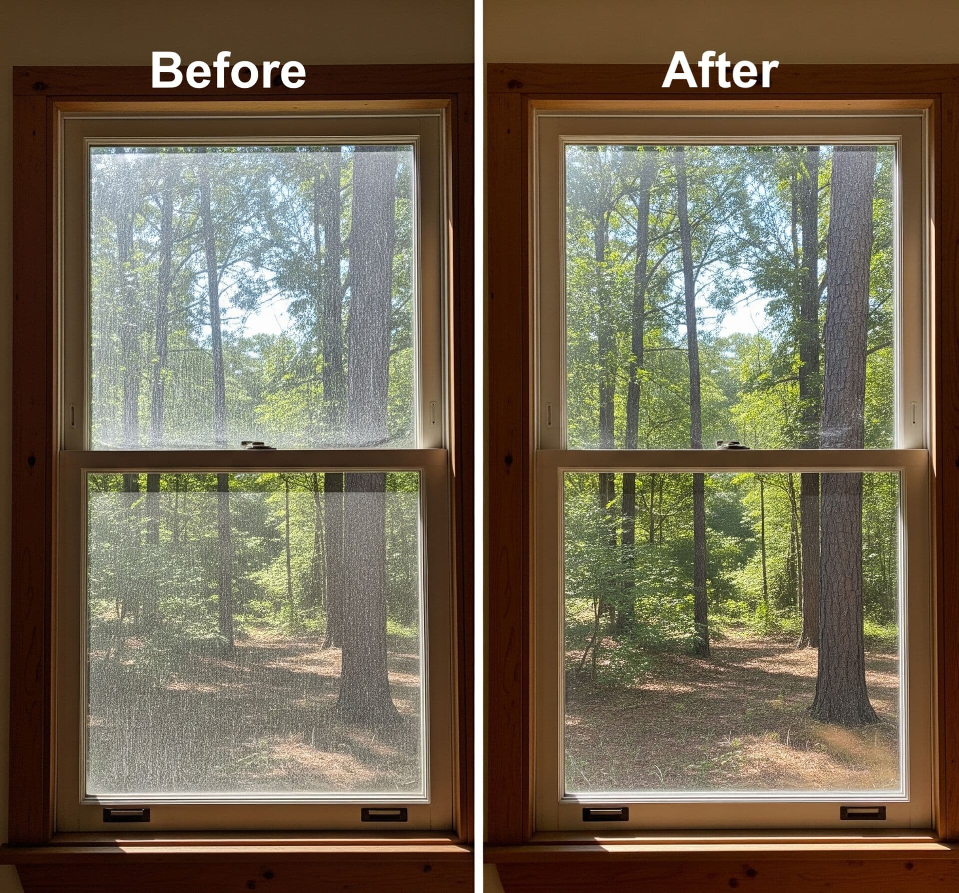 Before and after window cleaning on a Macalester-Groveland home, grime cleared from glass and sill