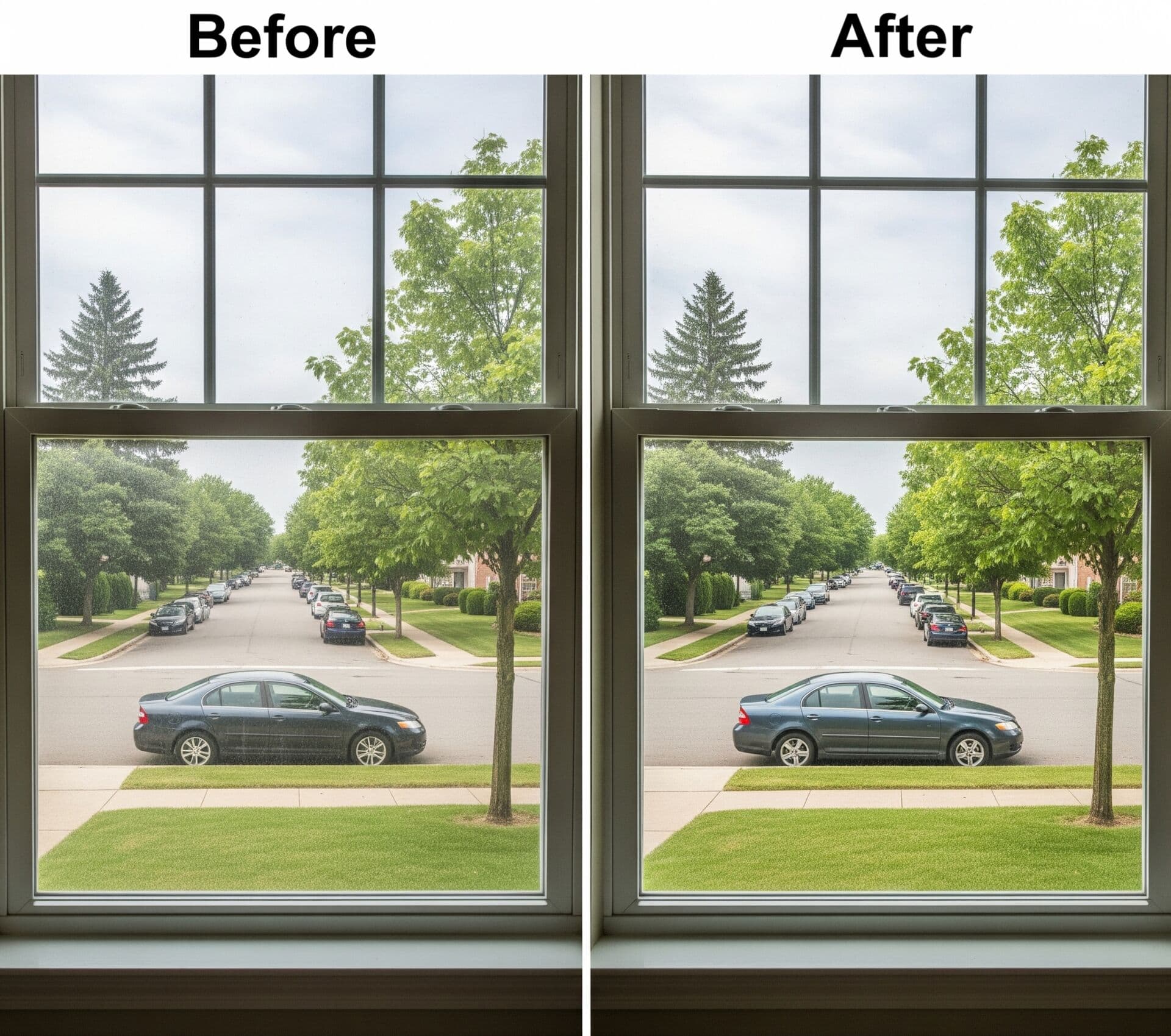 Before and after window cleaning in Mac-Groveland, with the exterior pane washed clear