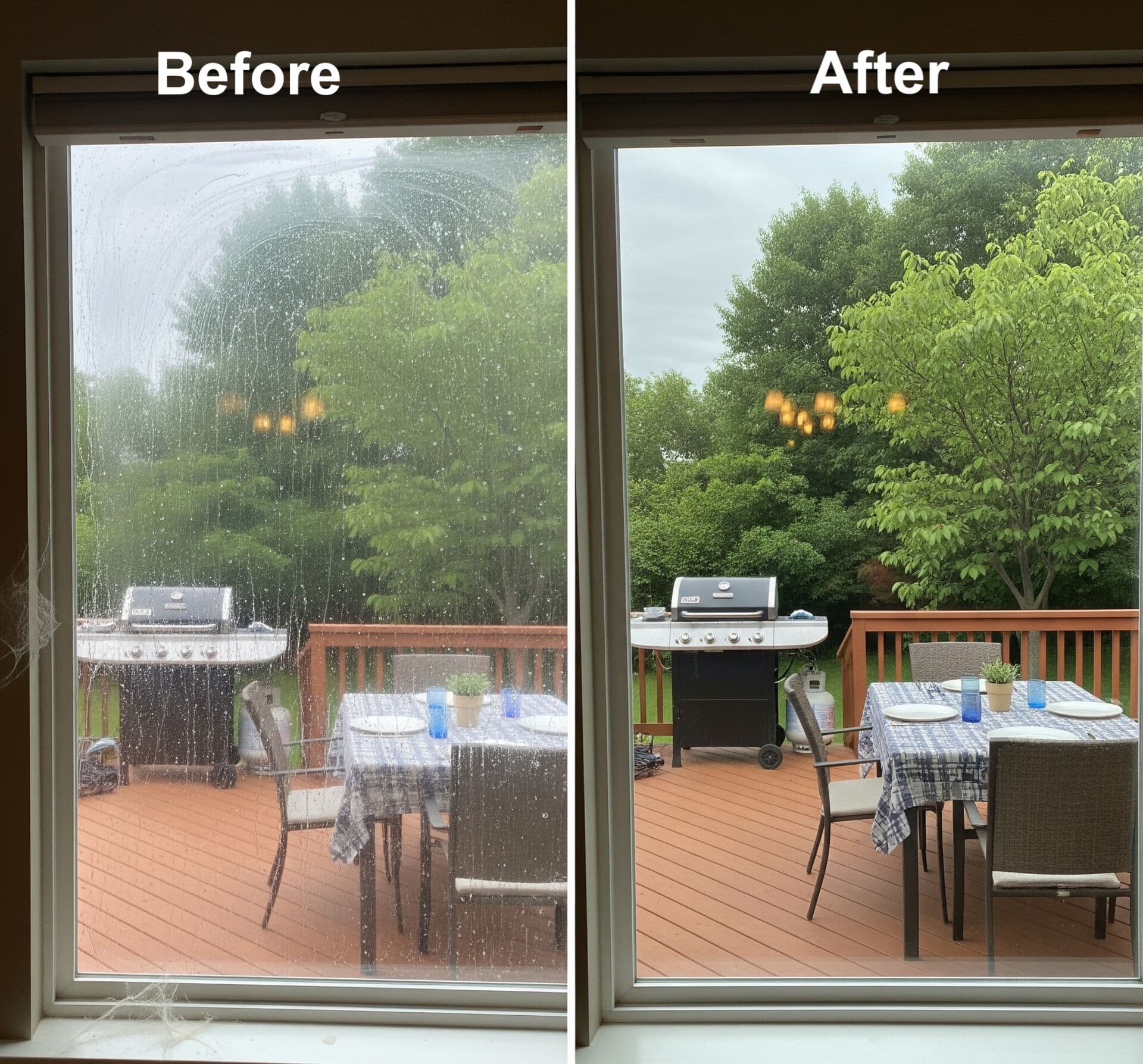 Before and after window cleaning on a St. Paul window, showing the view through clean glass