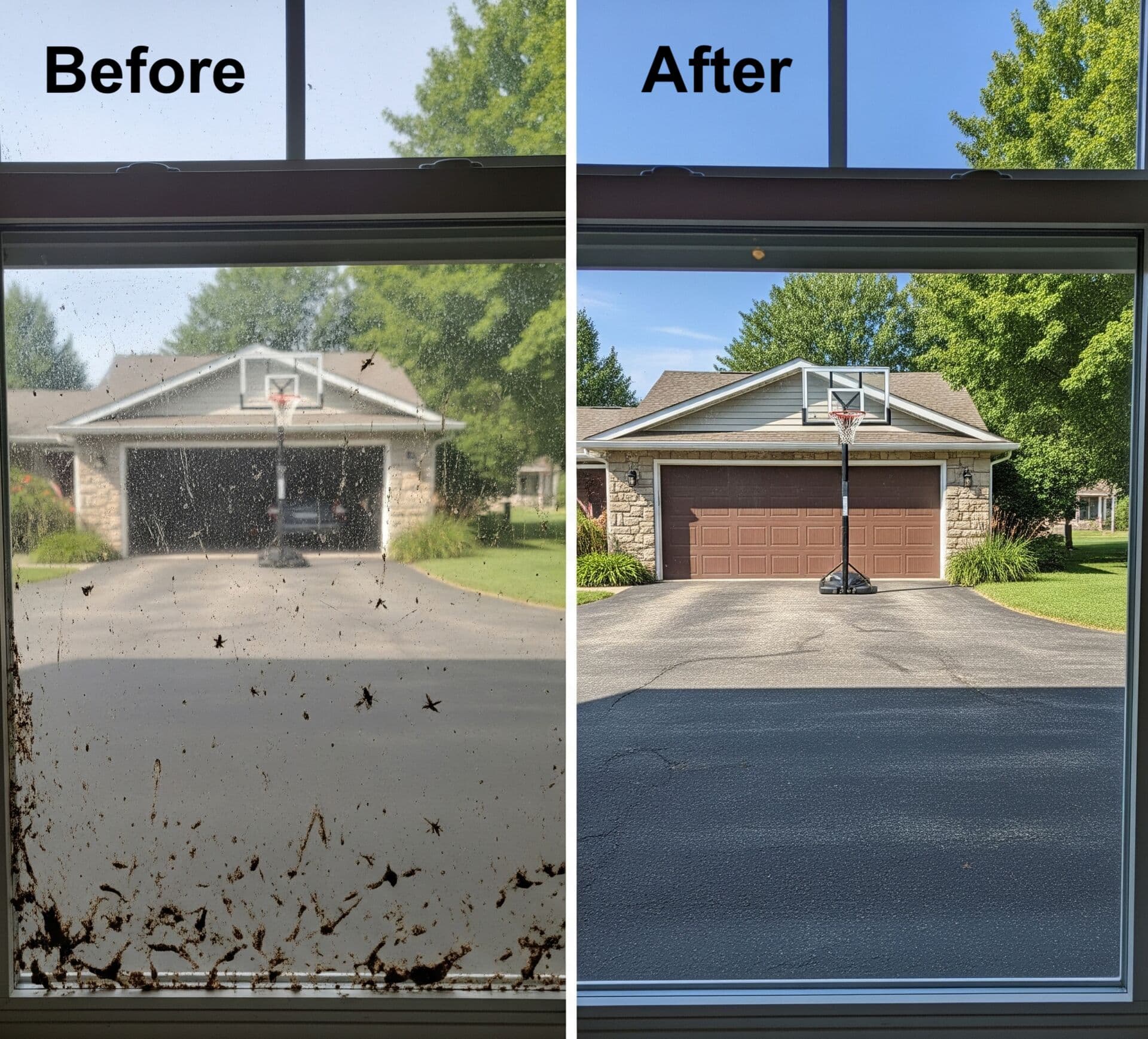 Before and after window cleaning on an east metro home, with the exterior pane washed clear