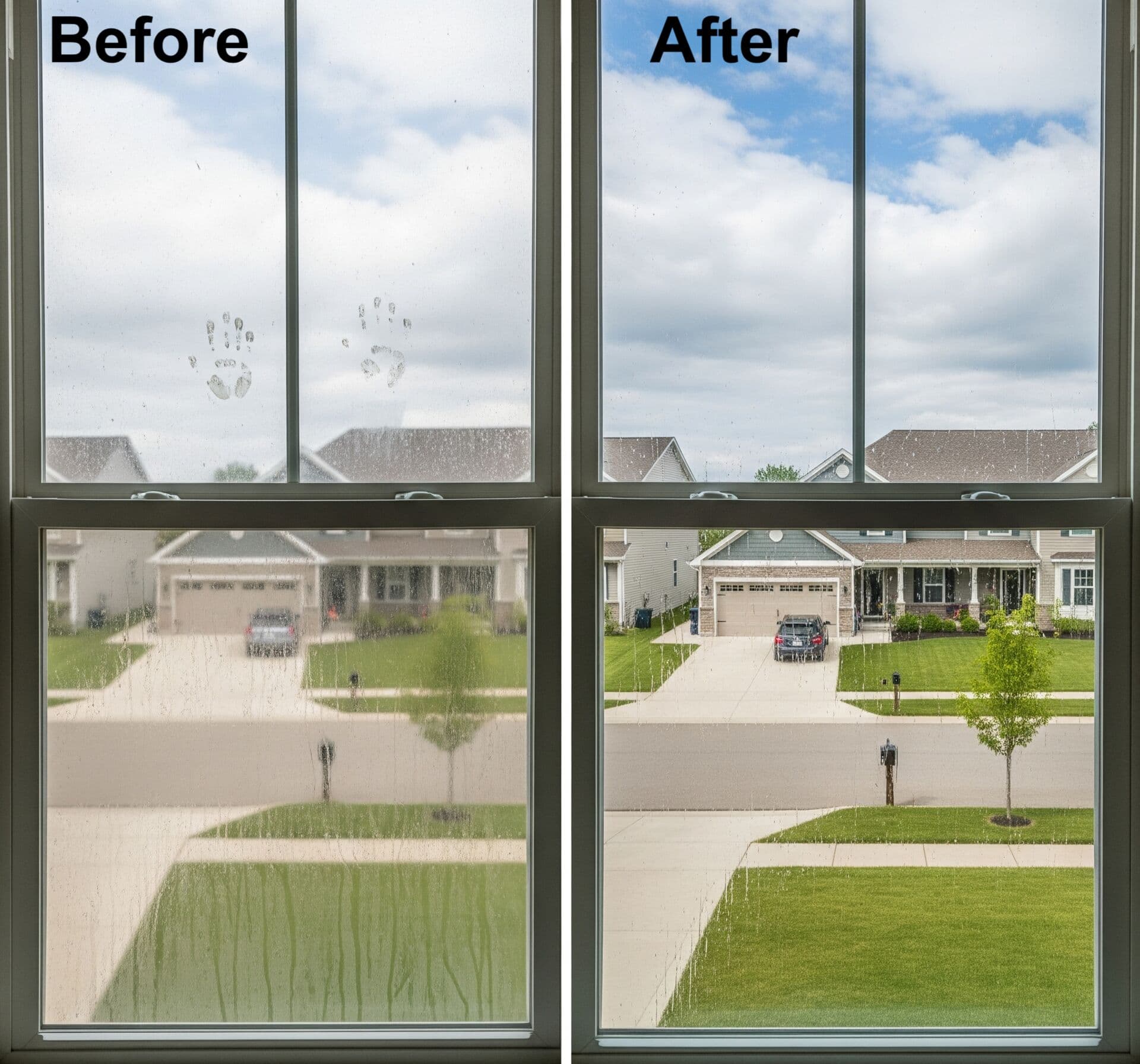 Before and after window cleaning showing dirt and water spotting removed from the glass