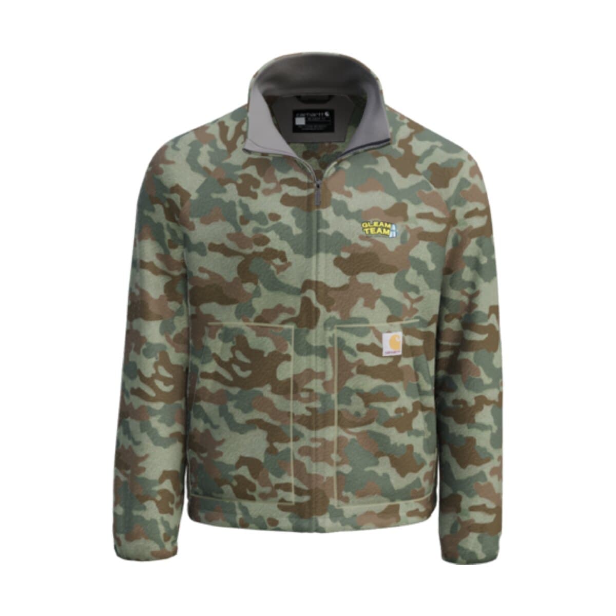 Camo Fleece Jacket in Army Green Camo with the Gleam Team logo